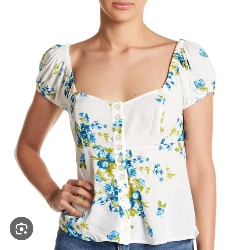 Free People White Floral Blouse with Blue and Green Accents Sz Small Gentle Used